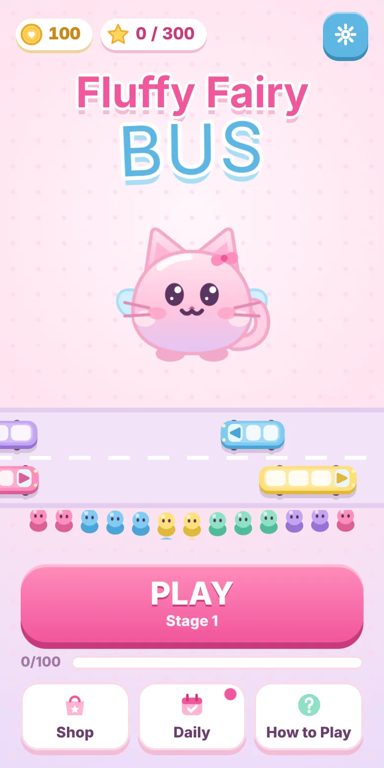 Fluffy Fairy Bus home screen with the cat mascot Mongle and a road full of pastel buses